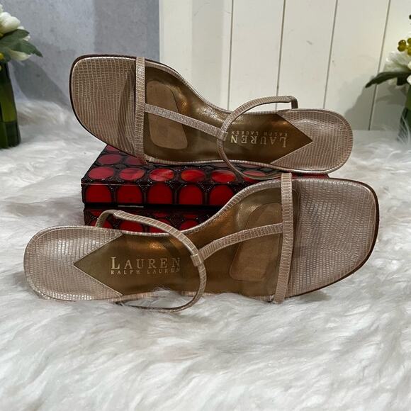 LRL Ralph Lauren Leather T-Strap Metallic High Heel Snakeskin Slides Sandals 5.5 - Picture 5 of 13